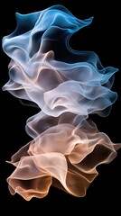 Fototapeta premium Colorful flowing smoke creating an abstract design against a black background with shades of blue, white, and brown in soft curves