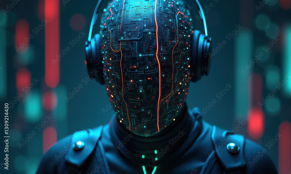 Poster cyberpunk ai robot head, glowing circuitry - ai and artificial inte.