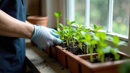 Gloved hands take care of plant seedlings in boxes on the windowsill.