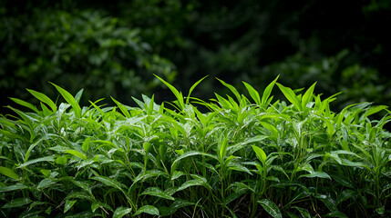 Obraz premium Close-up of Bright Green Tea Plant Leaves with Water Droplets in Sunlight