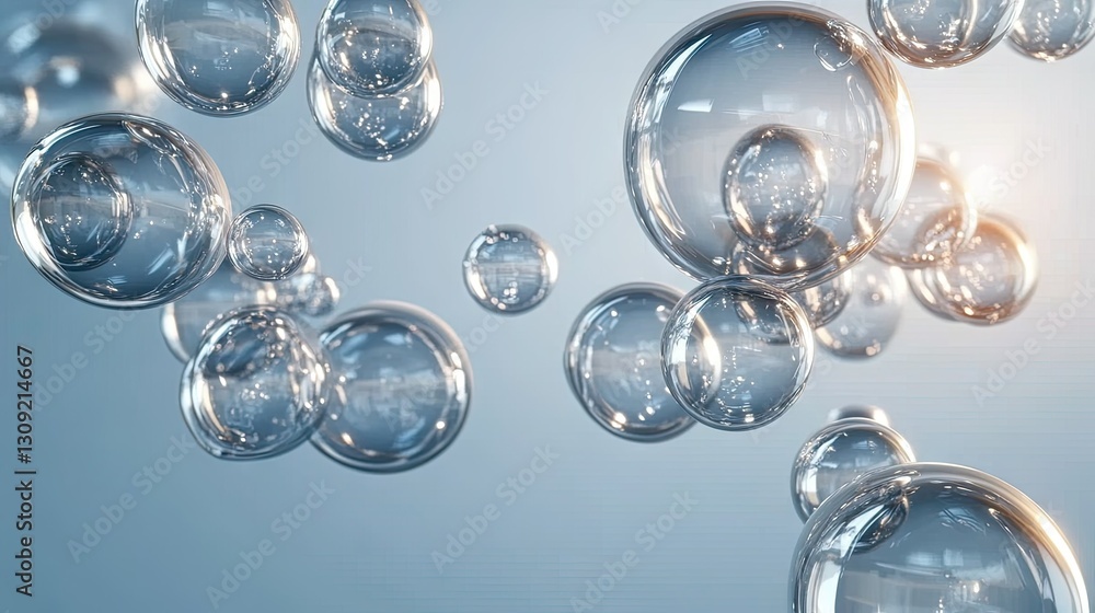 Poster floating transparent bubbles sparkle under soft lighting in an indoor space creating a whimsical atm