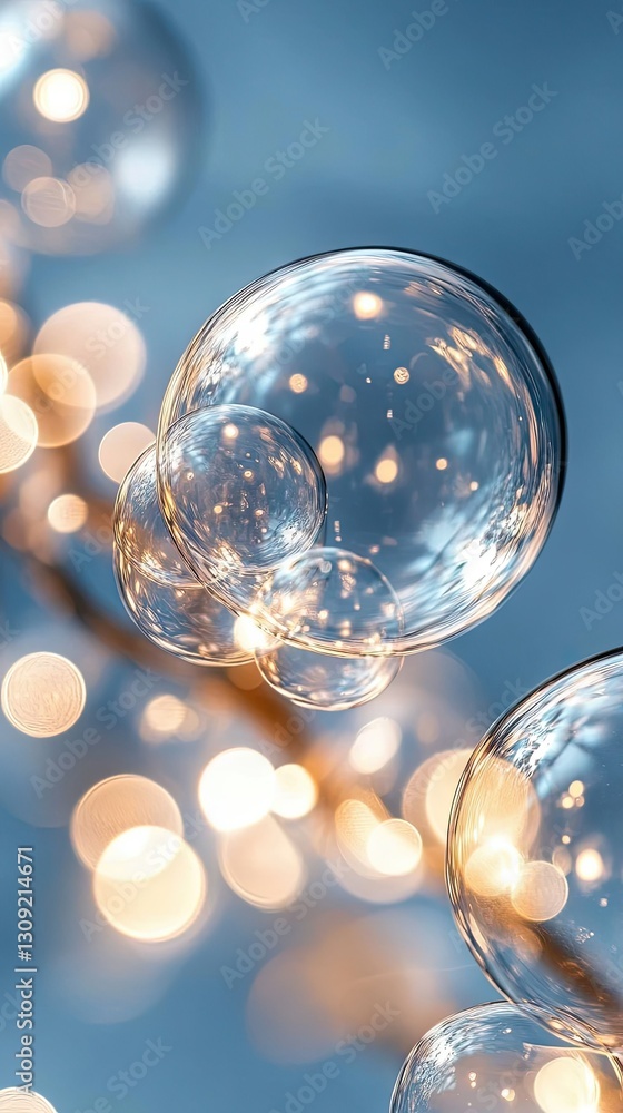 Poster bubbles gracefully float in front of a softly glowing background, crafting an enchanting and dreamli