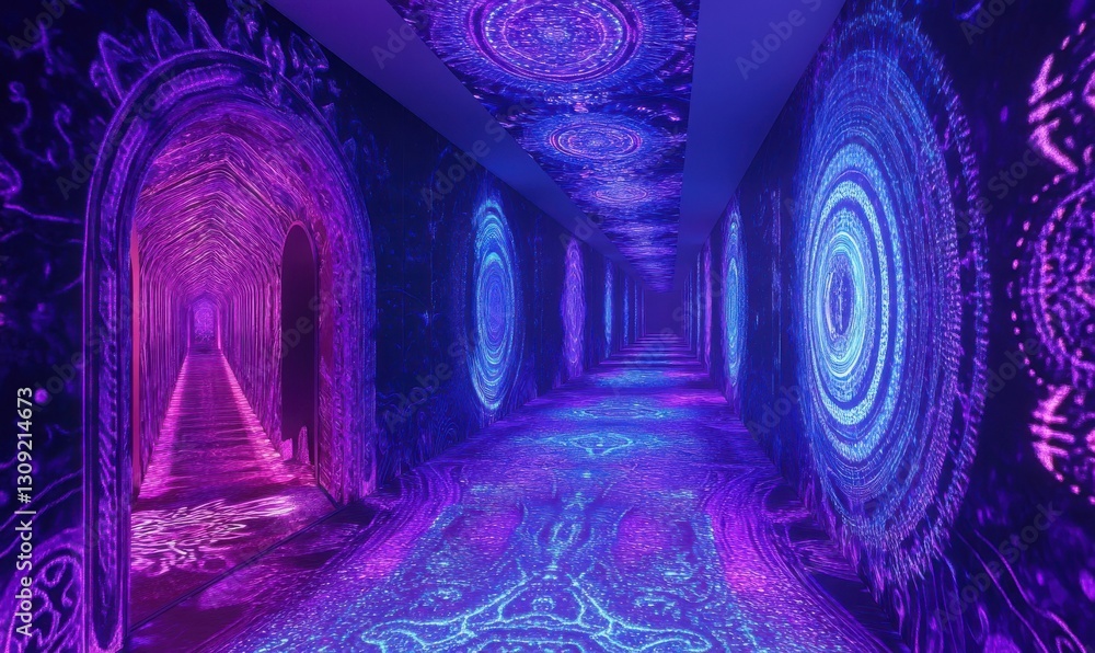Poster mysterious glowing neon corridor with intricate purple and blue patterns, creating a futuristic and 