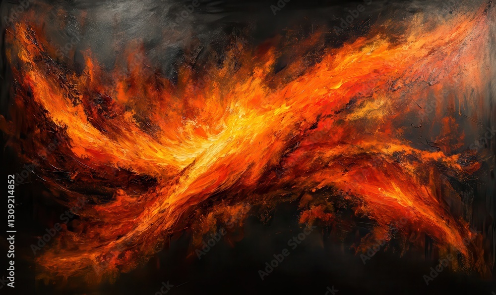Poster dynamic flames roaring in a dark setting, their bold orange and red tones capturing movement and int
