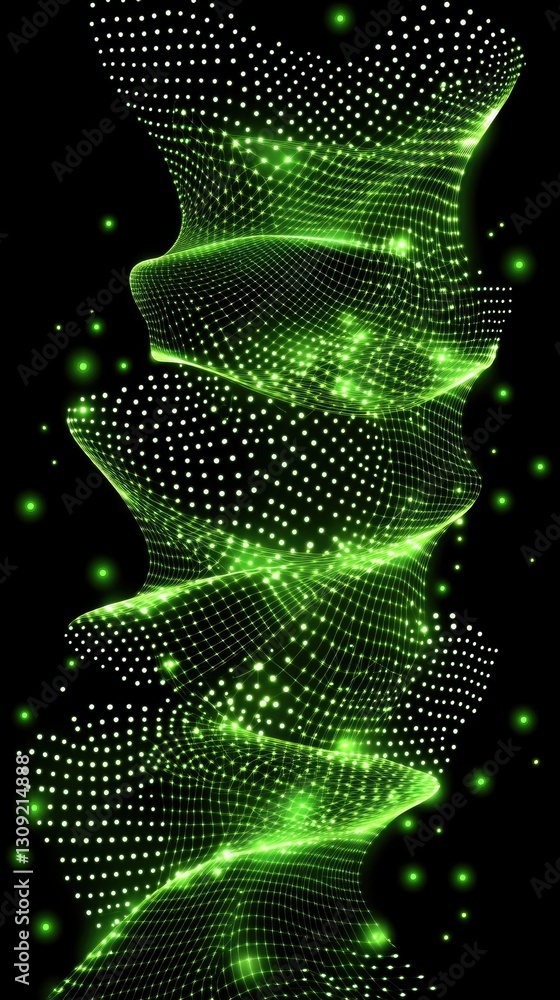 Poster a vibrant, dynamic wave of green particles flows through a digital space at night, forming a captiva