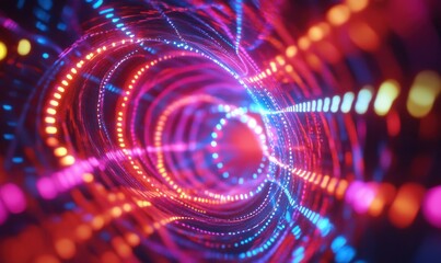 Obraz premium Dynamic glowing fiber-optic patterns forming vibrant light trails, symbolizing modern technology and connectivity