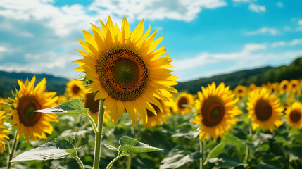 Obraz premium sunflower, flower, sky, summer, field, nature, yellow, agriculture, sun, blue, plant, leaf, blossom, bright, sunflowers, growth, beauty, meadow, landscape, petal, sunny, color, spring, farm, object