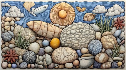 Abstract Seascape with Stylized Rocks and Fish in Cool and Warm Tones