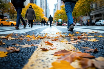Fototapeta premium Autumn pedestrians navigate a city crosswalk amidst fallen leaves in new york urban environment street photography vibrant atmosphere low angle view