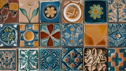 Ornate tile arrangement background featuring flower and geometric shapes, earthy tones, and blue