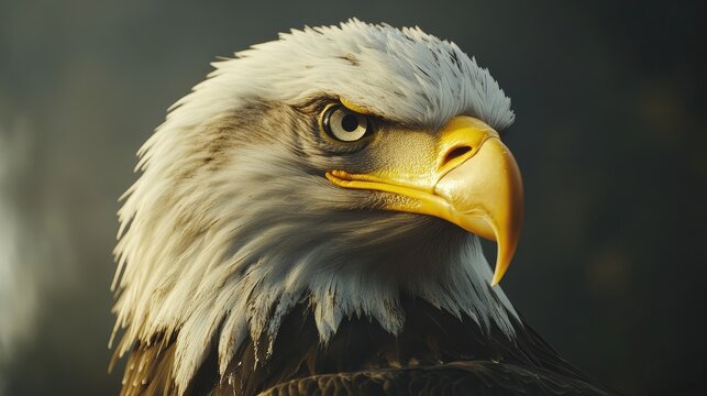 Majestic bald eagle with snow-white, fluffy plumage; head tilted, eyes piercingly forward on a slight left angle, capturing regal elegance in this close-up view