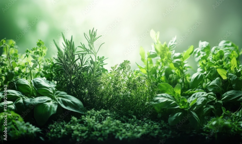 Poster fresh green herbs and spices neatly arranged on a minimalist surface illuminated by soft natural lig