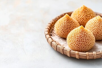 Intricately Designed Edible Mesh Shapes in a Rustic Basket