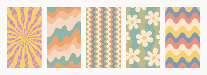 Abstract psychedelic retro pattern set. Groovy backgrounds in retro colors. Trendy twisted funky vector texture in abstract y2k style. Vector graphic for posters and art prints.