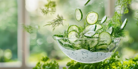 Floating cucumber and dill salad with yogurt on a blurred summer garden background