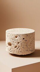 Unique round stone with textured surface displayed on a minimalist pedestal against a warm background in a contemporary setting