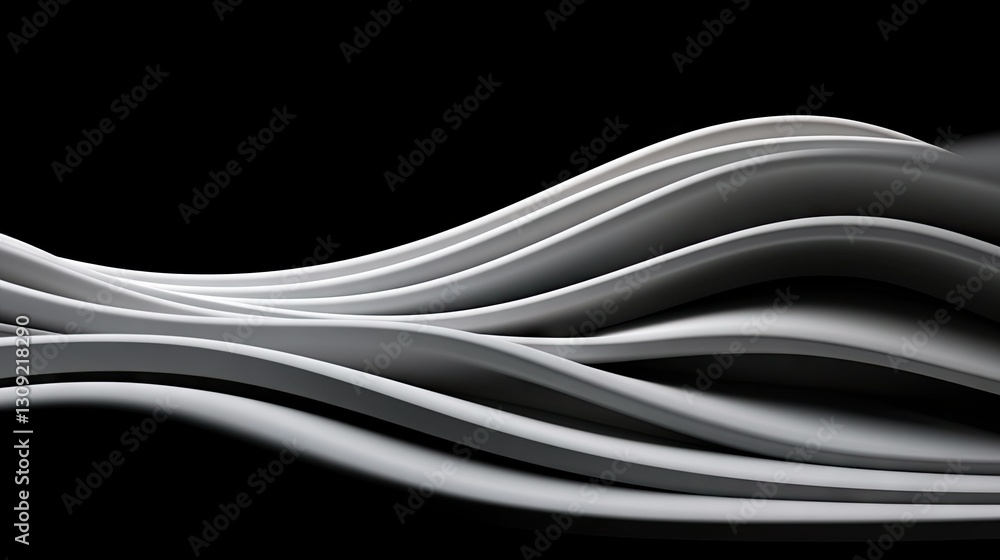 Poster flowing curves create dynamic patterns in a monochromatic design against a black background showcasi