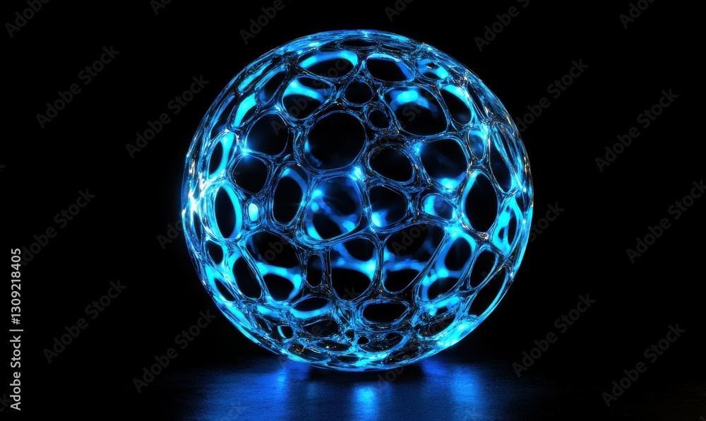 Poster glowing futuristic sphere with intricate blue light patterns floating against a dark background symb
