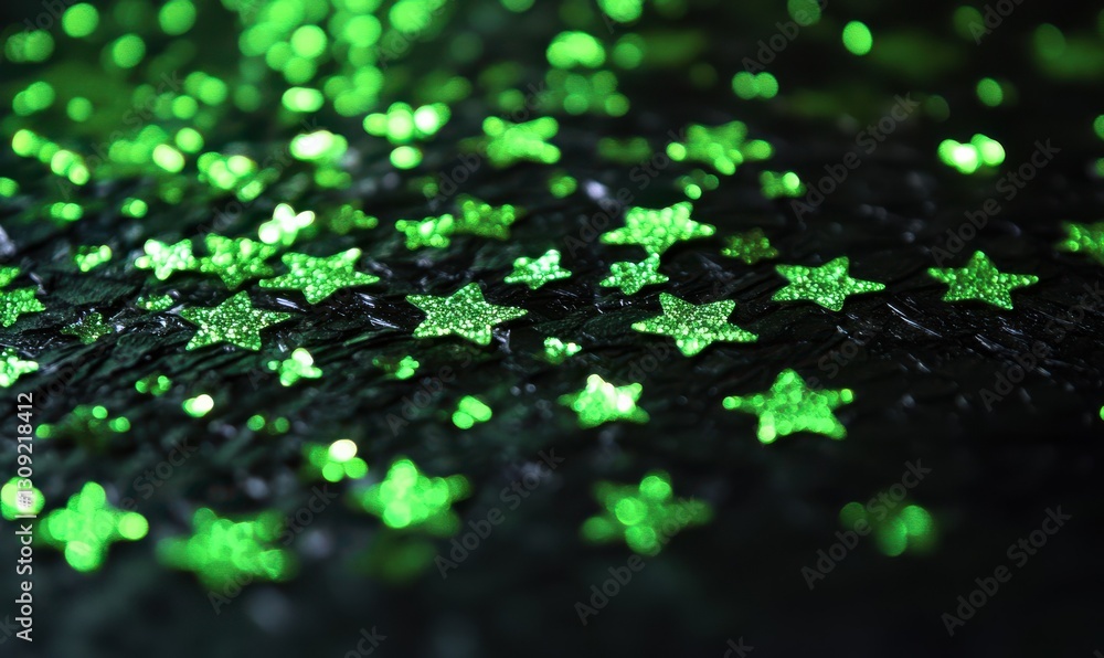 Poster glowing green sparkles scattered across a textured background, softly illuminated to create a festiv