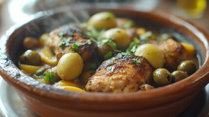 Steaming Chicken Tagine with Olives and Potatoes