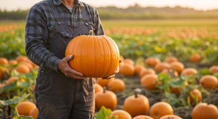 Man holding large pumpkin in autumn field at sunset. Farmer harvesting ripe orange gourds for Halloween and Thanksgiving. Fall season agriculture concept