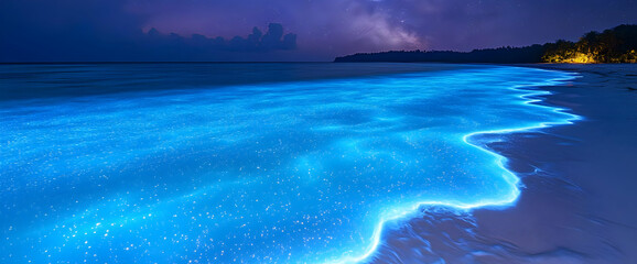 Naklejka premium Glowing Blue Ocean At Night On Beach