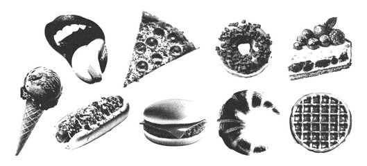 Trendy set of cut out food stickers. Collage  retro photocopy effect. Grunge grain texture. Vector.