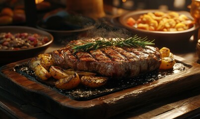 Gourmet display of sizzling grilled steaks with rosemary garnish, served on rustic wooden boards surrounded by hearty side dishes