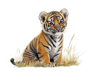 Isolated Portrait of a Baby Tiger Cub in Tall Grass