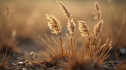 Close-up of dry, golden-hued grass flourishing in a rugged, sunlit landscape, capturing the essence of nature's endurance."  