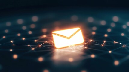 Holographic glowing email icon with digital communication network concept