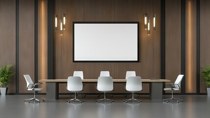 Modern conference room with minimalistic design and large blank screen for presentations in a corporate office setting