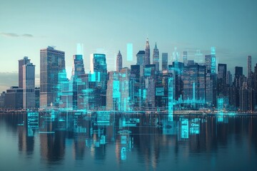 Obraz premium Futuristic Cityscape Digital Overlay Modern Metropolis Smart City Technology Skyline Innovation Big Data Urban Development Evening Twilight Reflection