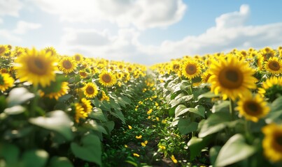 Obraz premium Idyllic sunflower field under a bright summer sky, golden blooms stretching endlessly into the horizon, vibrant and cheerful scene