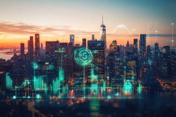 Futuristic Smart Cityscape at Sunset Over Manhattan Skyline with Digital Data Overlay