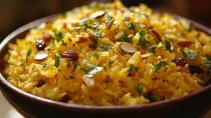 Golden Yellow Rice with Almonds and Raisins in a Wooden Bowl