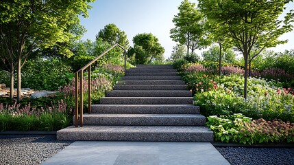 Obraz premium Stone steps up garden path, trees and blooming plants, sunny sky, outdoor use