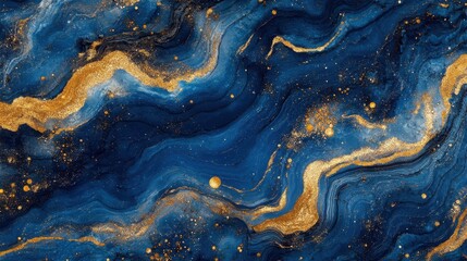 Fototapeta premium Abstract blue and gold marble pattern with fluid waves and glittering accents