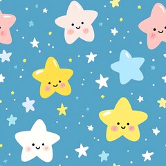 Seamless pattern featuring twinkling stars on a blue background in pastel colors