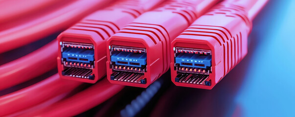 Red LAN cables for high speed data transfer concept
