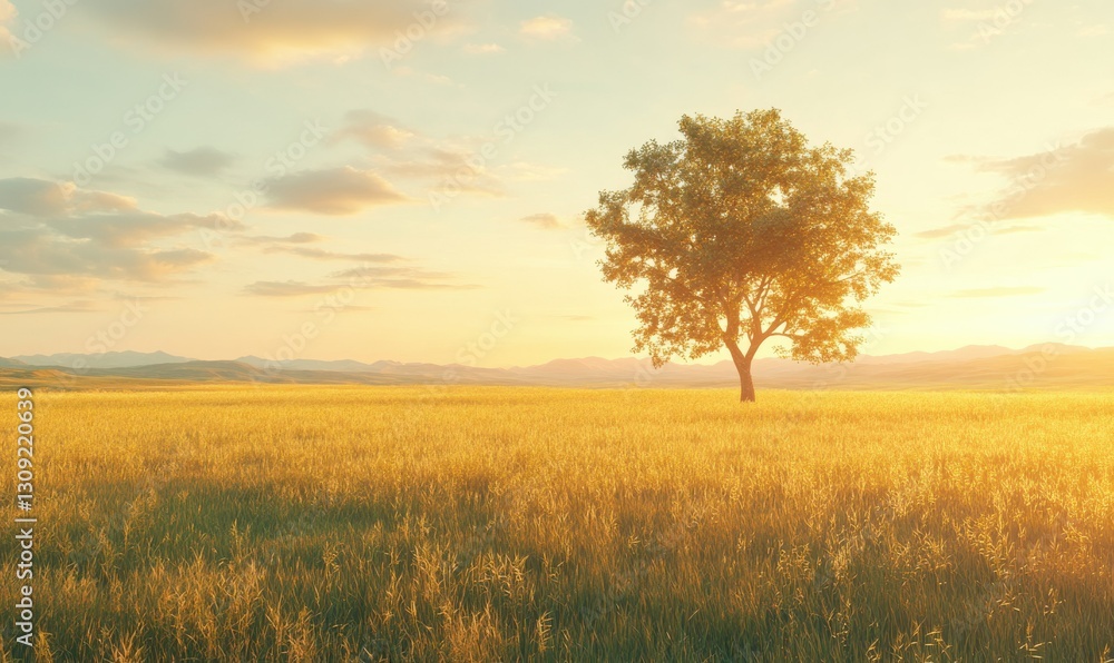 Poster lonely tree in a vast golden field illuminated by soft sunset light, creating a serene and peaceful 