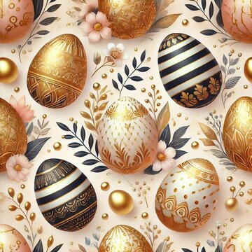 Elegante Ostereier in Gold und Schwarz mit kunstvollen Verzierungen, floralen Elementen und luxuri&ouml;sen Mustern auf cremefarbenem Hintergrund &ndash; edles Design f&uuml;r Osterdekoration und festliche Anl&auml;sse.