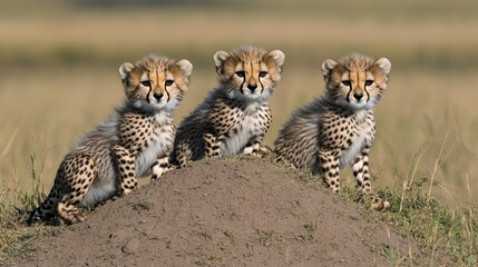 Obraz premium In the golden hour of an African evening, three playful cheetah cubs are seen lounging on a small mound amidst the lush grasslands