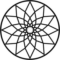 Obraz premium Geometric pattern, intricate black and white circular design featuring radial lines forming star-like shapes converging inward. 