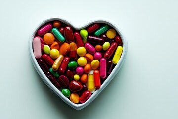 Vibrant Heart-Shaped Bowl Filled with Colorful Pills and Capsules