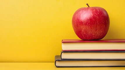 Red apple on books, yellow background, education concept, website banner