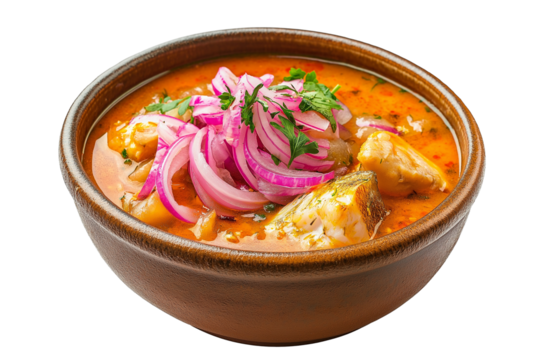 Ecuadorian encebollado fish soup with pickled onions isolated on transparent white background