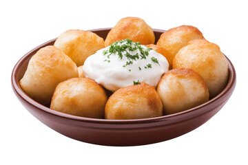 Lithuanian cepelinai potato dumplings with sour cream isolated on transparent white background