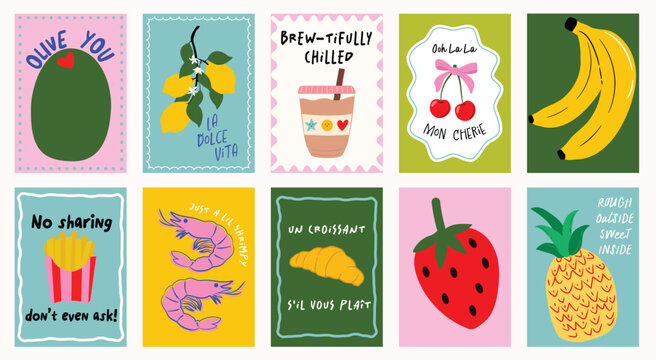 Naklejki Vibrant hand-drawn dopamine art prints of food and drink illustrations with funny food quotes. Colorful funky posters for home and kitchen decor, postcard, banners, social media etc.