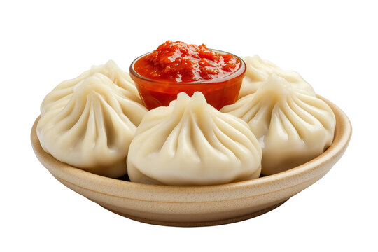 Nepalese momo dumplings with tomato chutney isolated on transparent white background